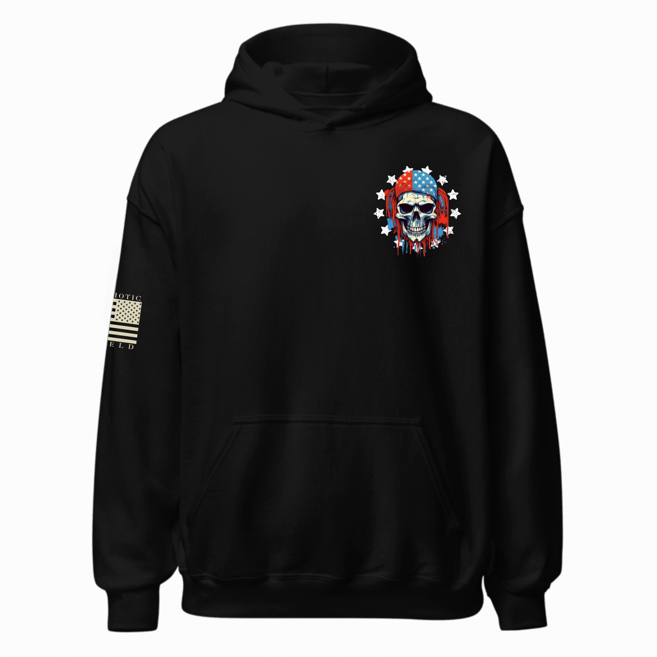 Front view of the 'Unapologetic Patriot' hoodie showcasing its bold patriotic design for freedom loving Americans.