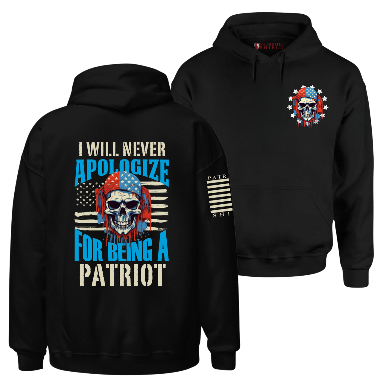 Dual view of the 'Unapologetic Patriot' hoodie showcasing its patriotic design.