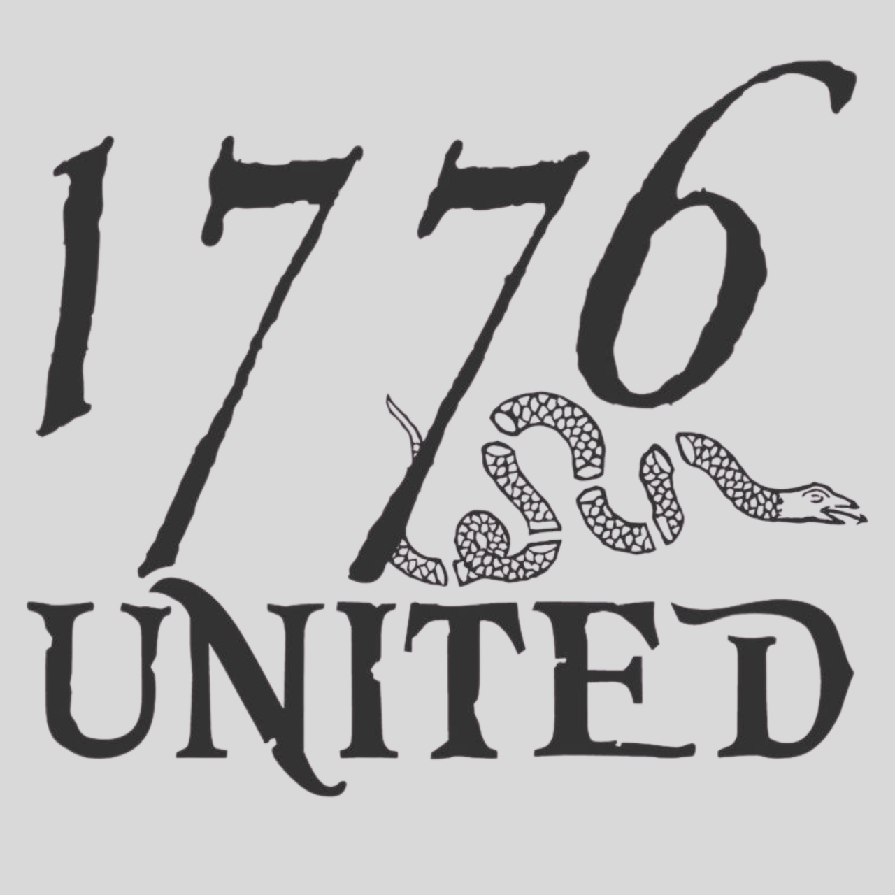 Black text '1776 UNITED' with snake design on a gray background