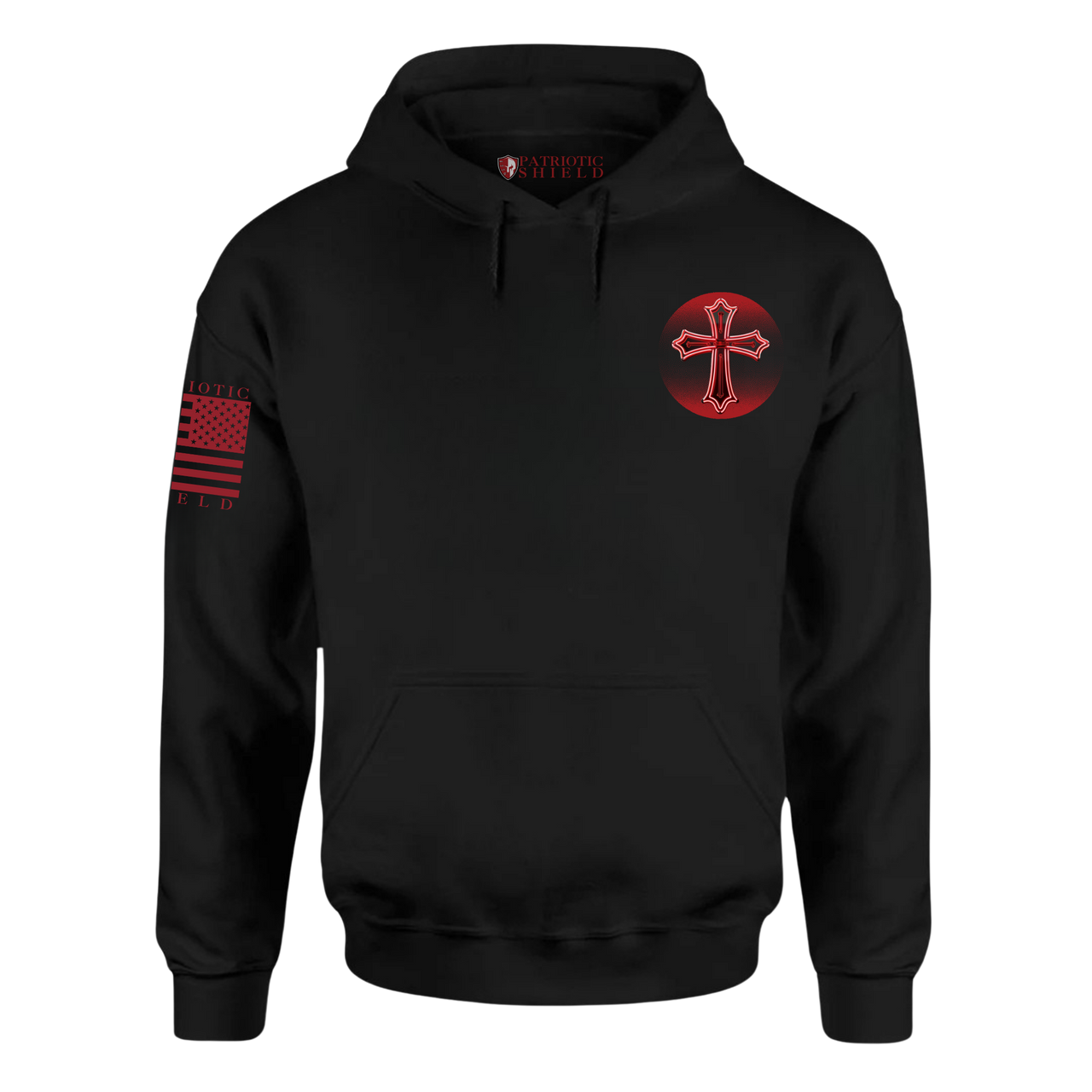 Front view of the "Warrior of Christ" Hoodie – bold design of a red cross for faithful warriors. 