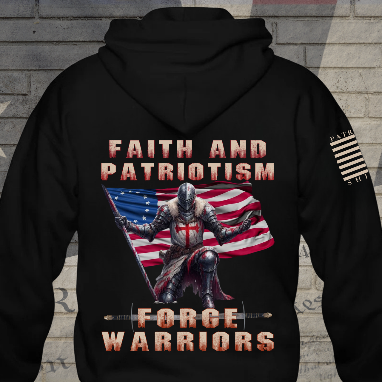 Warriors Rising Hoodie—symbolizing defiance, faith, and strength in God and country.