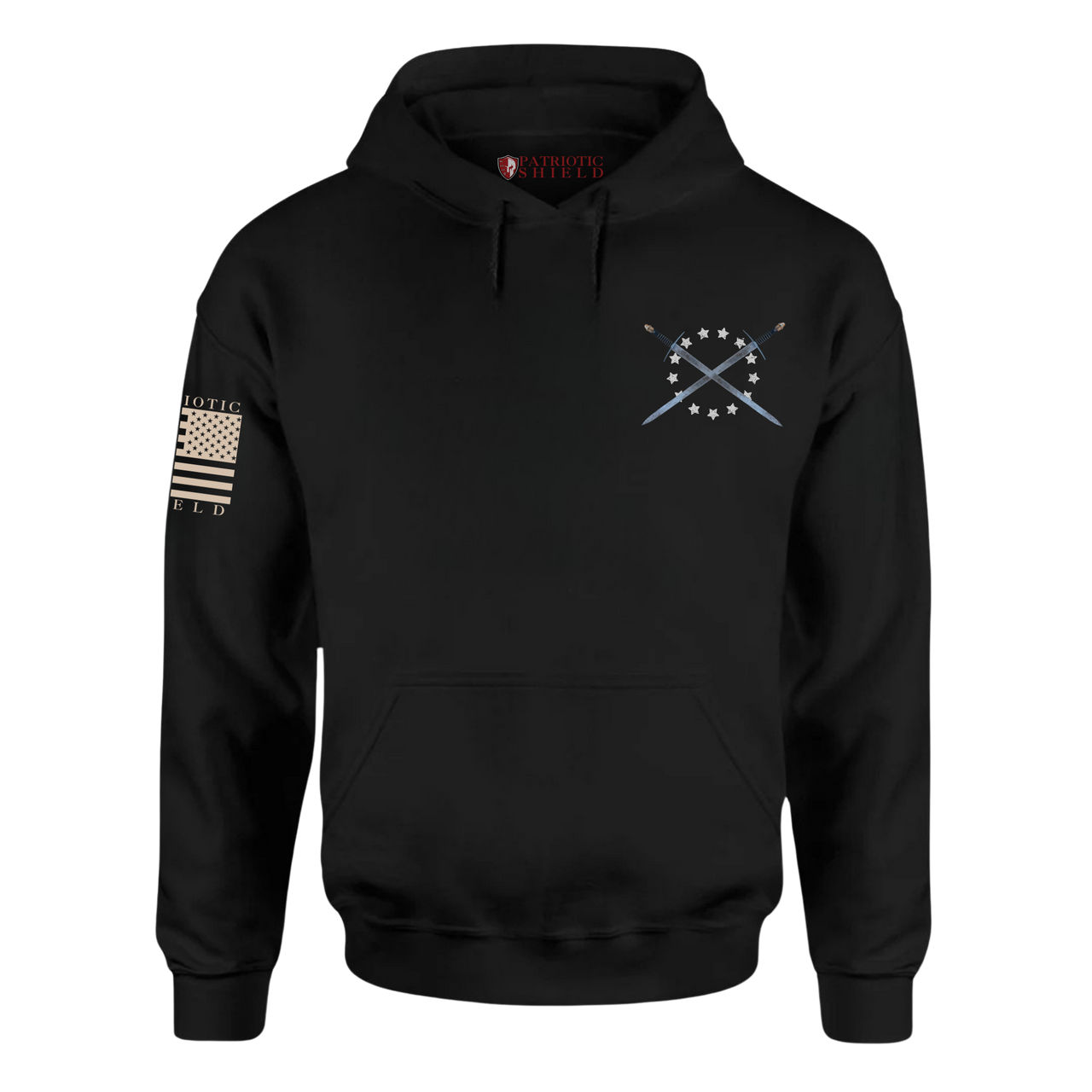 Front view of the Warriors Rising Hoodie—bold design for patriotic warriors.