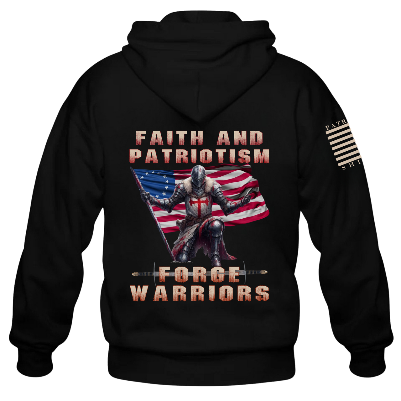 Back view of the Warriors Rising Hoodie—showcasing the message "Faith and Patriotism Forge Warriors"