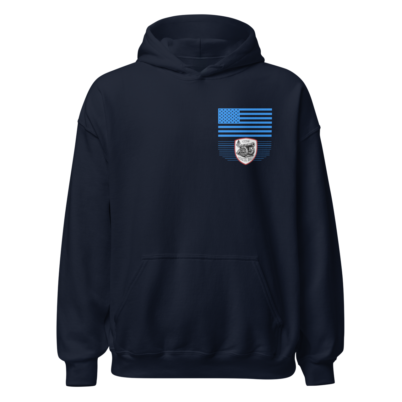 front view of Blue Collar Hoodie with Grit and Patriotism. 