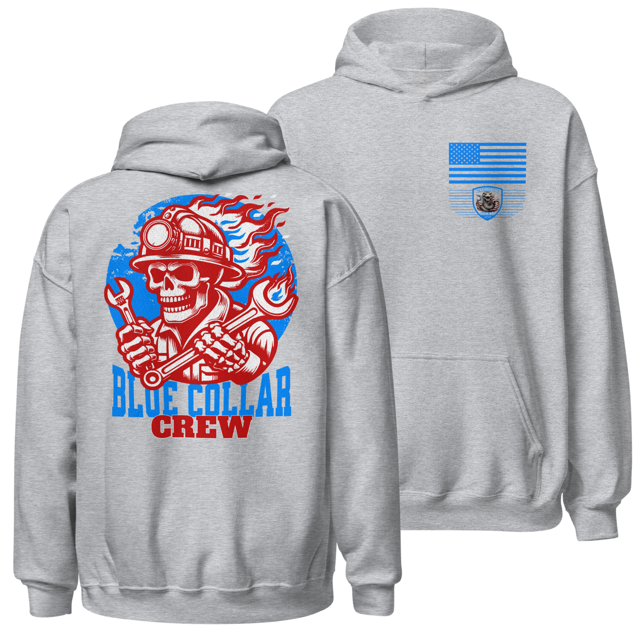 Blue Collar Hoodie with Grit and Patriotism. sport grey