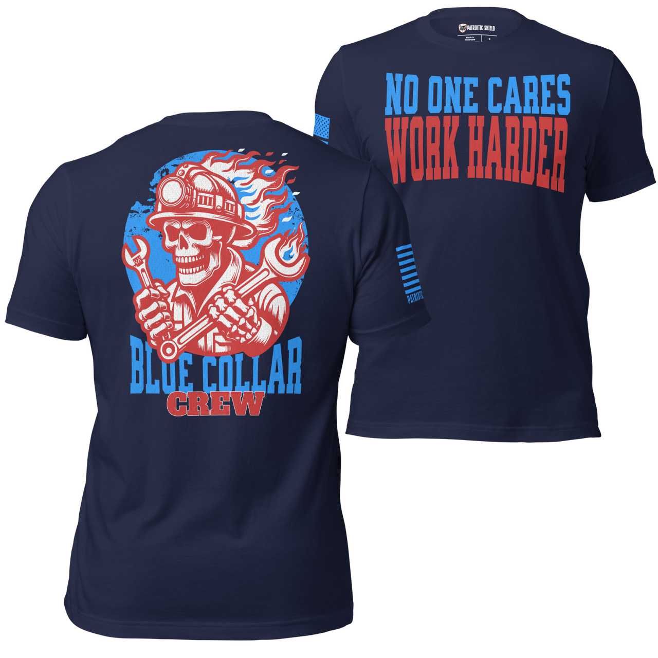 Durable Blue Collar Crew T-Shirt with Patriotic Design. navy