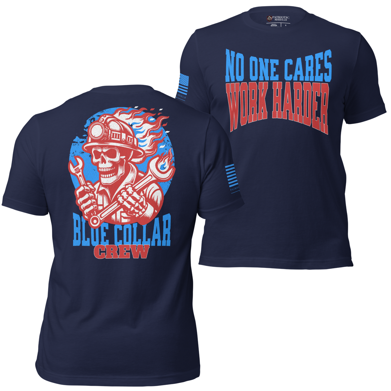 Durable Blue Collar Crew T-Shirt with Patriotic Design. navy