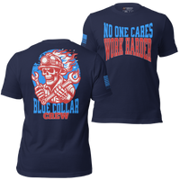 Durable Blue Collar Crew T-Shirt with Patriotic Design. navy