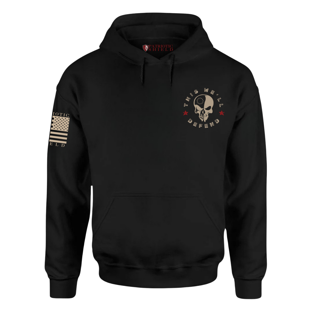 Front view of the "Brave Legacy" Hoodie – bold patriotic design showcasing resilience with a skull design on the chest that says this we'll defend.