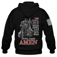 Thumbnail for Back view of the Faith Rises Hoodie – showcasing Chistianity-inspired strength featuring a crusader knight on his knees and with the saying the devil saw me with my head down and he thought he'd won until I said amen.