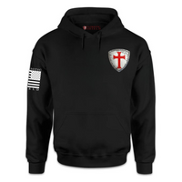 Thumbnail for Front view of the Faith Rises Hoodie – bold design for warriors of faith featuring a crusader shield with a red cross inside on the chest.