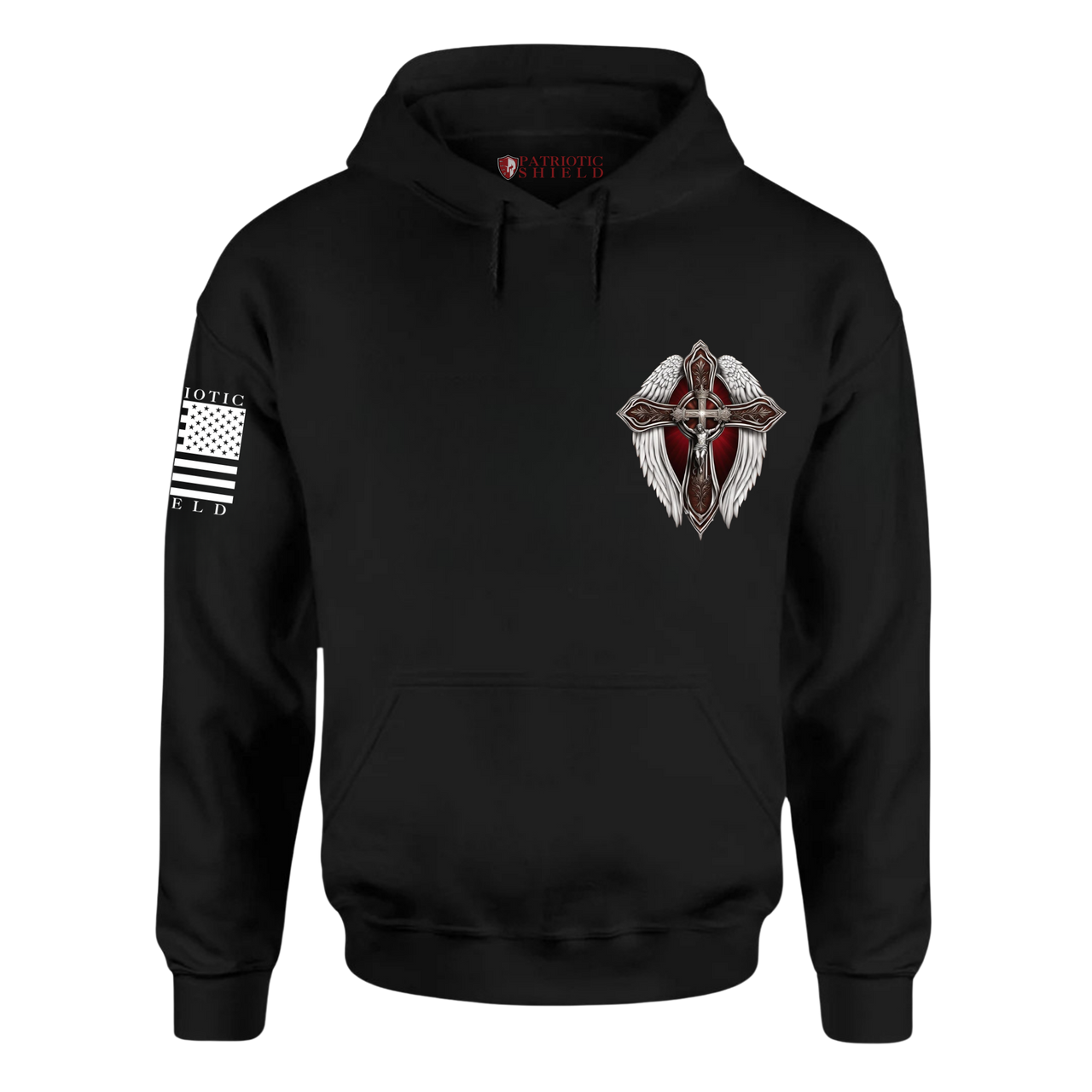 Front view of the "Faith Unshaken" Hoodie – bold design for faith-driven warriors with the lord Jesus Christ on the right chest.