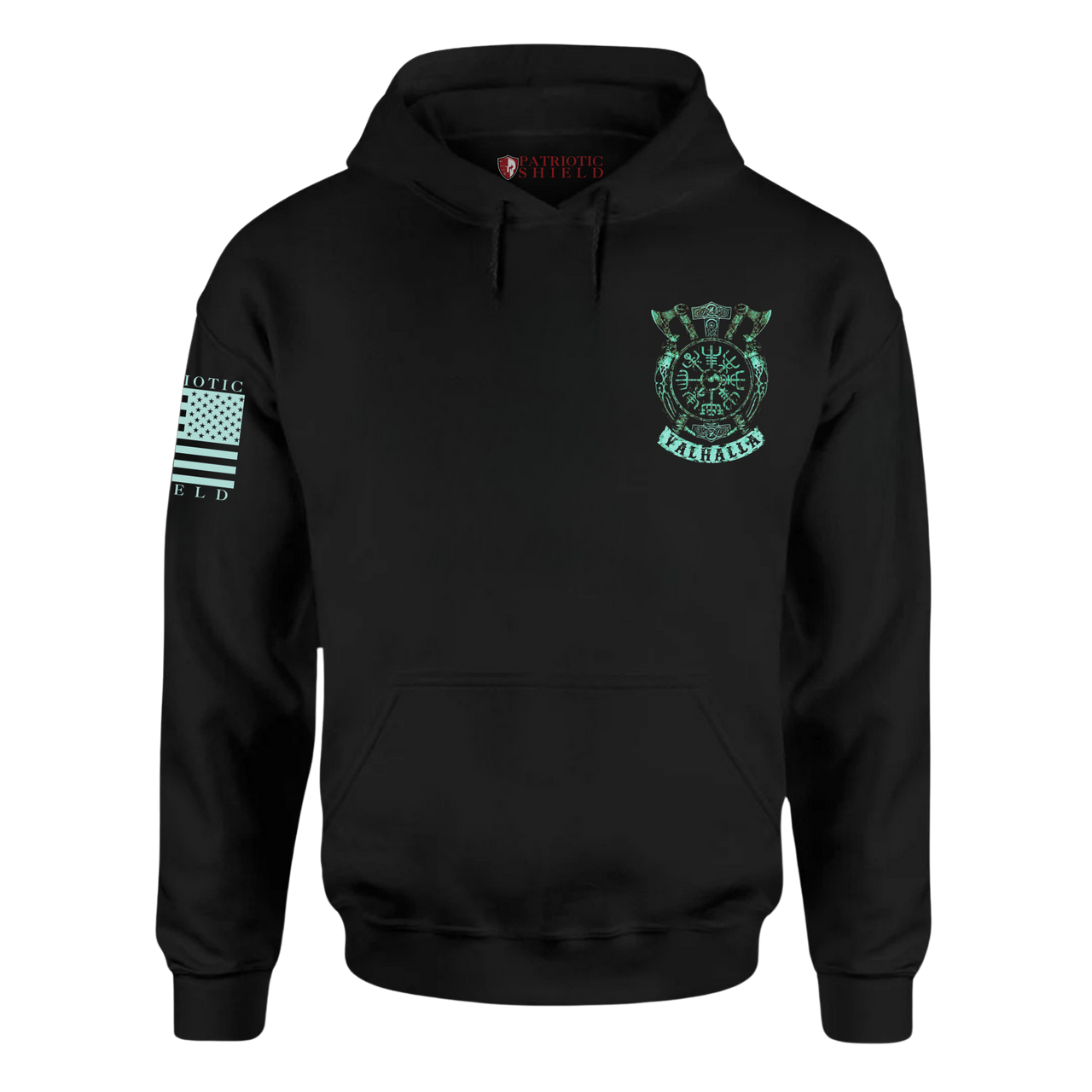 Front view of the Fighter's Creed Hoodie – bold design for warriors with a Vikings shield and the word Valhalla..