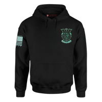 Thumbnail for Front view of the Fighter's Creed Hoodie – bold design for warriors with a Vikings shield and the word Valhalla..