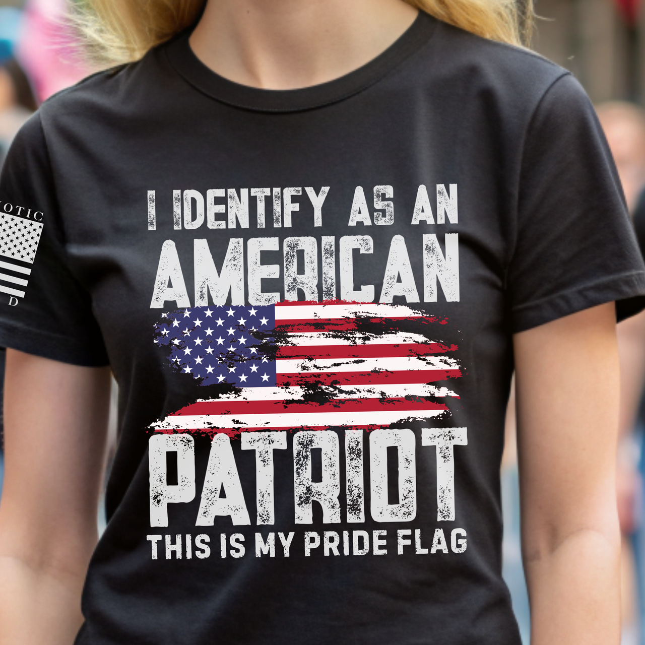 Close-up of American Patriot print on women’s T-shirt