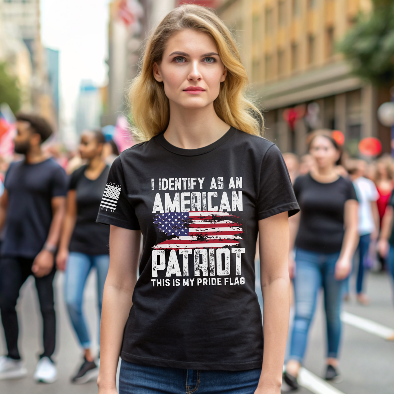 Model wearing our bold American Patriot T-shirt for women.