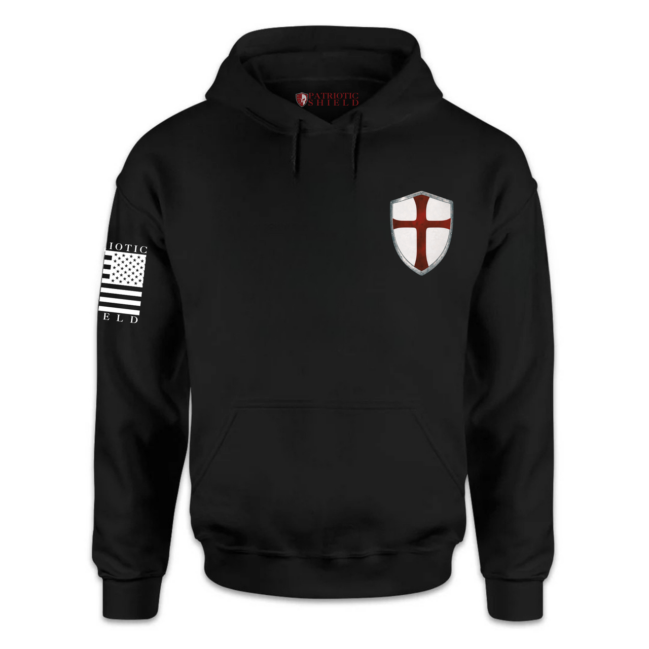 Front view of the I  Am The Storm Hoodie – bold design for warriors of faith featuring a crusader shield with a red cross on the chest.