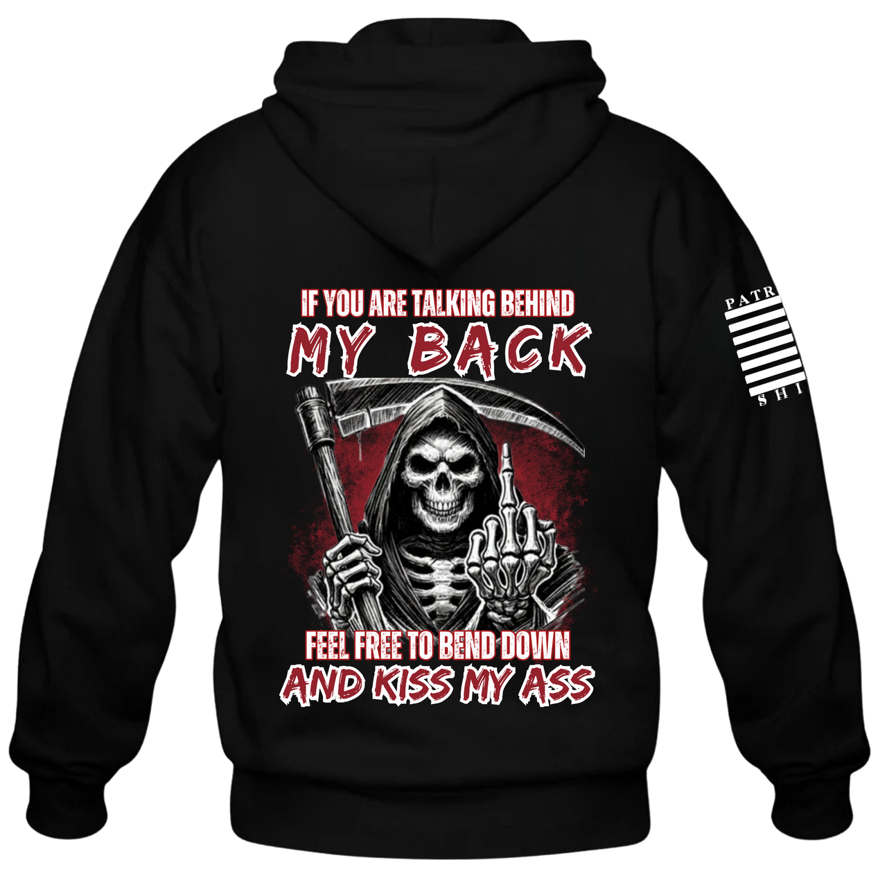 Back view of our defiant black hoodie, ideal for standing your ground in patriotic defiance. 