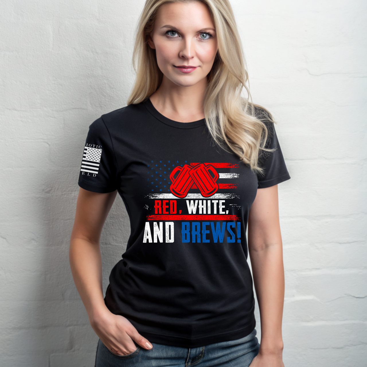 Raise a toast to freedom with the Red, White and Brews Women's T-Shirt.